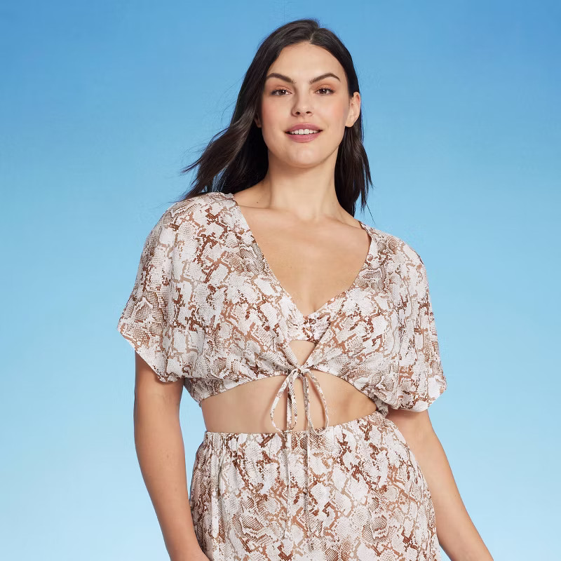 Women's Tie-Front Short Sleeve Cover Up Crop Top - Shade & Shore™ Tan Snake Print | Target