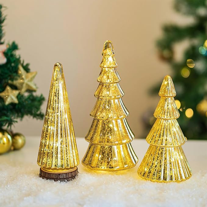 Hewory Mercury Glass Christmas Tree: Set of 3 Gold Table Top Christmas Ornaments Trees with LED L... | Amazon (US)