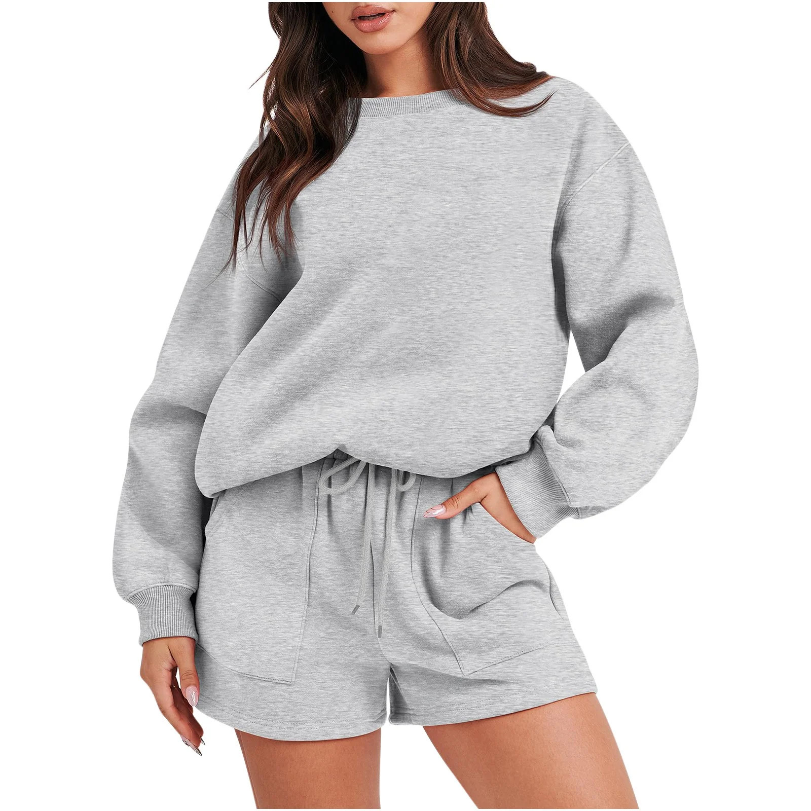 pimelu Sweat Sets For Women 2 Piece Outfits Sweatsuit Oversized Crew Neck Sweatshirt & Short Set ... | Walmart (US)