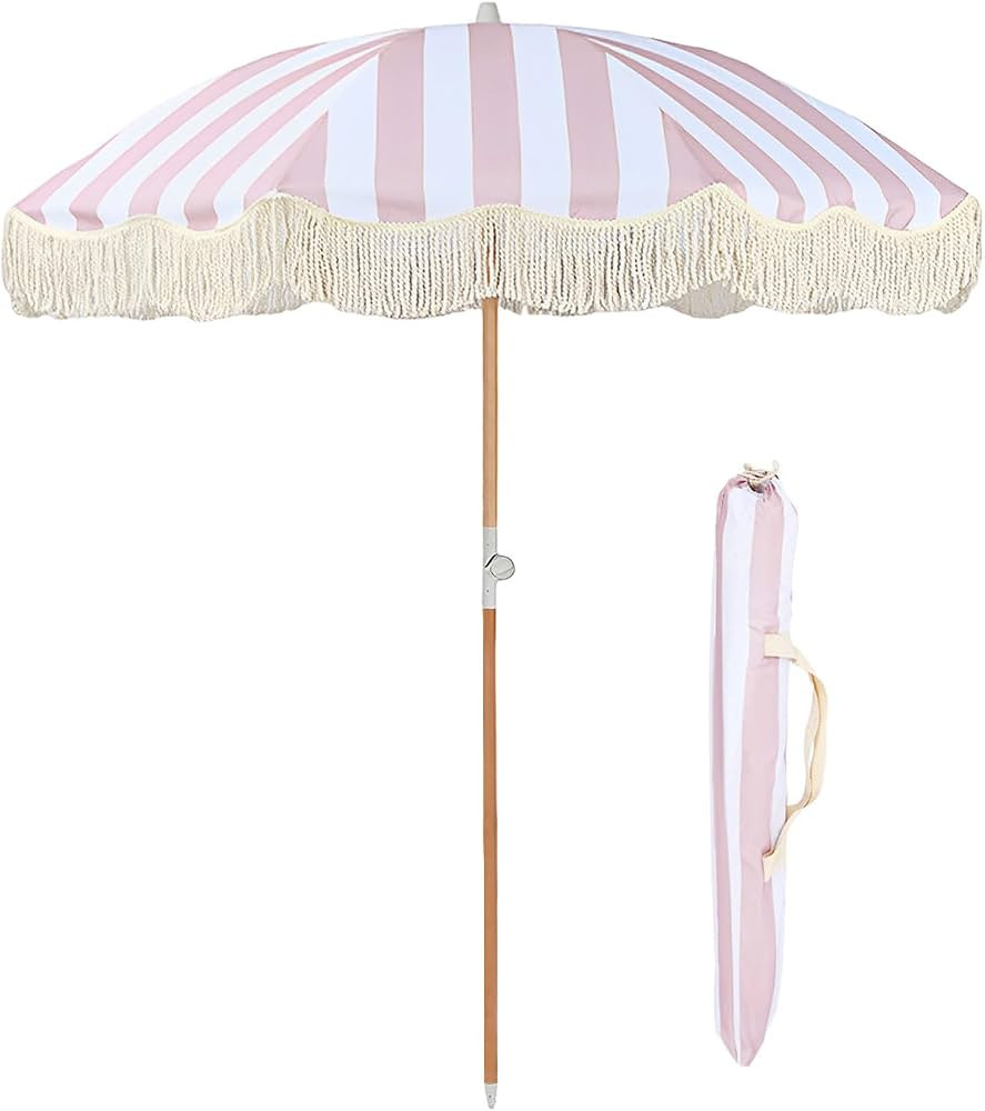 6ft Pink Striped Patio Umbrella with Fringe Boho Outdoor Tassel Umbrella Tilt Portable Beach Umbr... | Amazon (US)