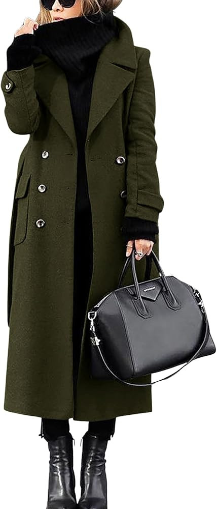 chouyatou Women's Winter Double Breasted Wool Coat Business Casual Long Winter Pea Coat with Belt | Amazon (US)