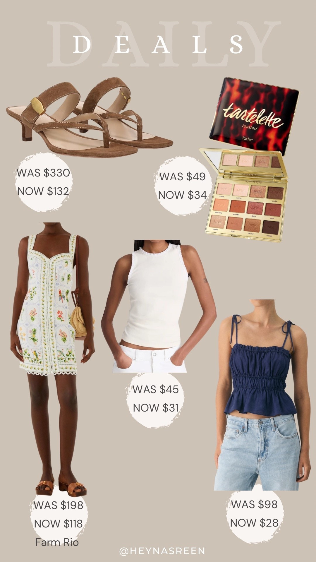 Daily deals on Veronica Beard heels, Tarte toasted eyeshadow palette, Madewell tank top, Aritzia top, Farm Rio dress