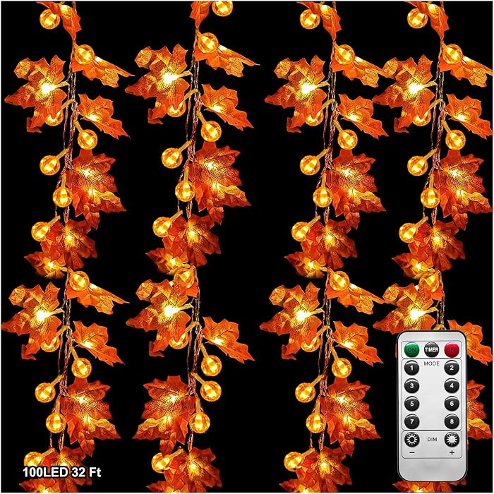 32Ft Fall Decor Lighted Maple Leaf Garlands Thanksgiving Halloween Fall Decorations,100 LED USB O... | Amazon (US)