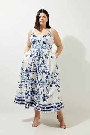 Lydia Millen Plus Size Cotton Sateen Woven Strappy Dress | Karen Millen UK + IE + DE + NL