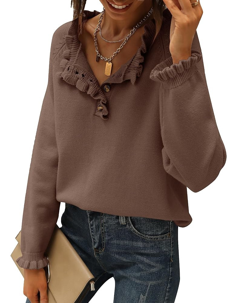 BTFBM Womens Sweaters Fall Winter Clothes 2025 Long Sleeve Button Down Ruffle Crew Neck Casual Kn... | Amazon (US)