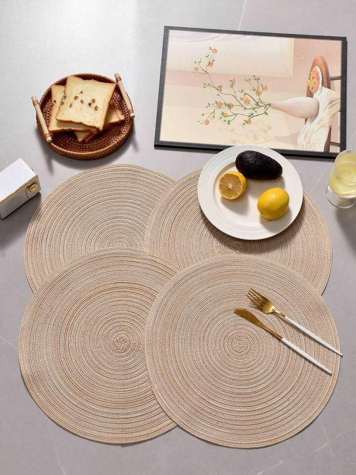 SHEIN Basic Living 4pcs Round Woven Placemat, Boho Braided Design Table Mat For Dinner Table | SHEIN