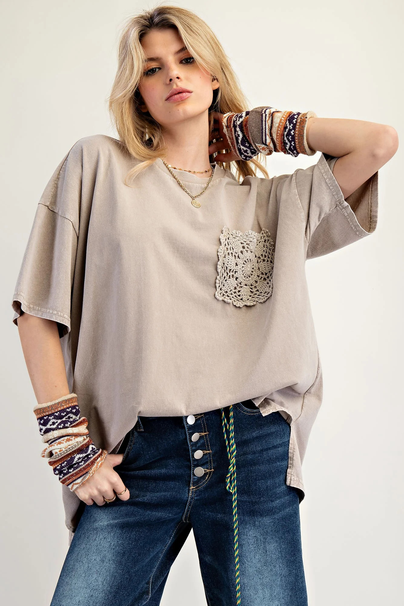 Taupe Mineral Wash Crochet Pocket Top | PinkBlush Maternity