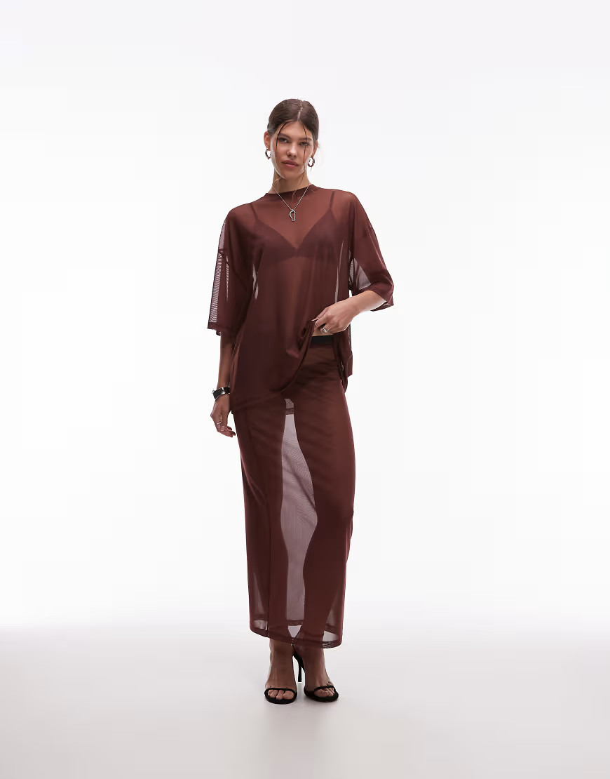 ASOS DESIGN maxi sheer mesh skirt in brown | ASOS (Global)