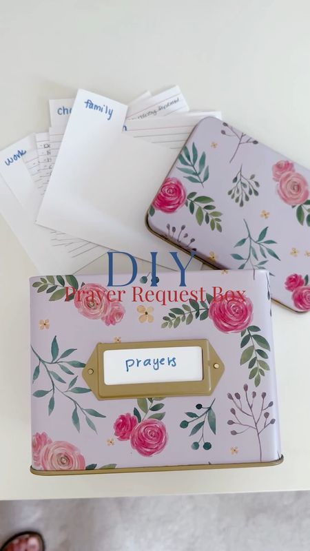 DIY Prayer Request Box 

Recipe tin, index cards, and cardstock is all you need! 

Keep track of requests in this beautiful box. TIP: pray for family one day, coworkers another, and so on! 

#LTKFind #LTKunder100 #LTKhome