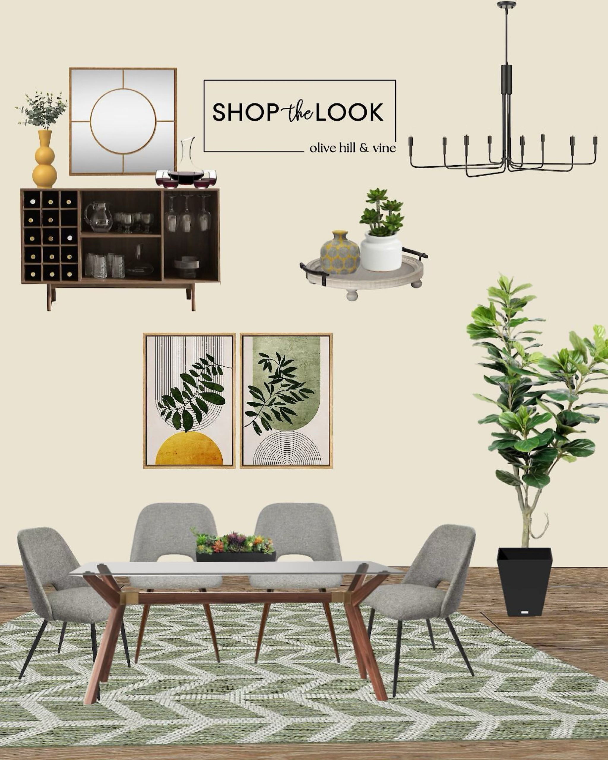 Welcome to a fresh take on dining! This design combines a sage and marigold palette for a serene yet lively atmosphere. A glass table, light gray side chairs, and wine storage sideboard bring chic functionality, while the geometric canvas, chevron rug, and modern chandelier complete the look. 

#LTKFamily #LTKHome #LTKStyleTip