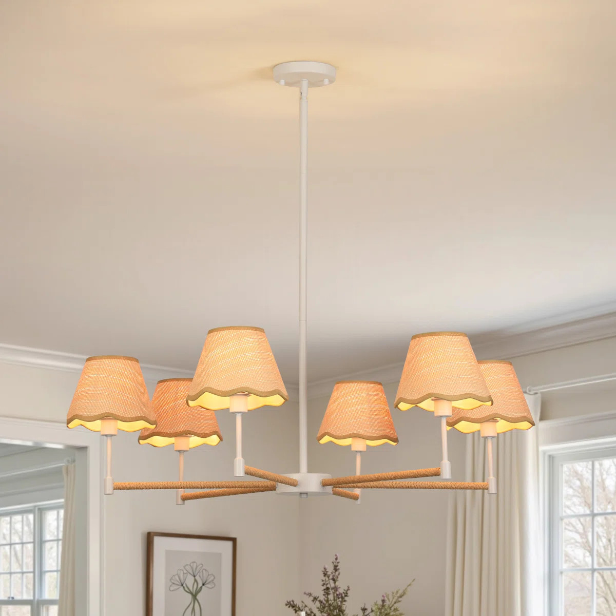 Aarzo 6-Light White Boho Dimmable Chandelier with Rattan Shades, Adjustable Height, for Dining Ro... | Wayfair North America