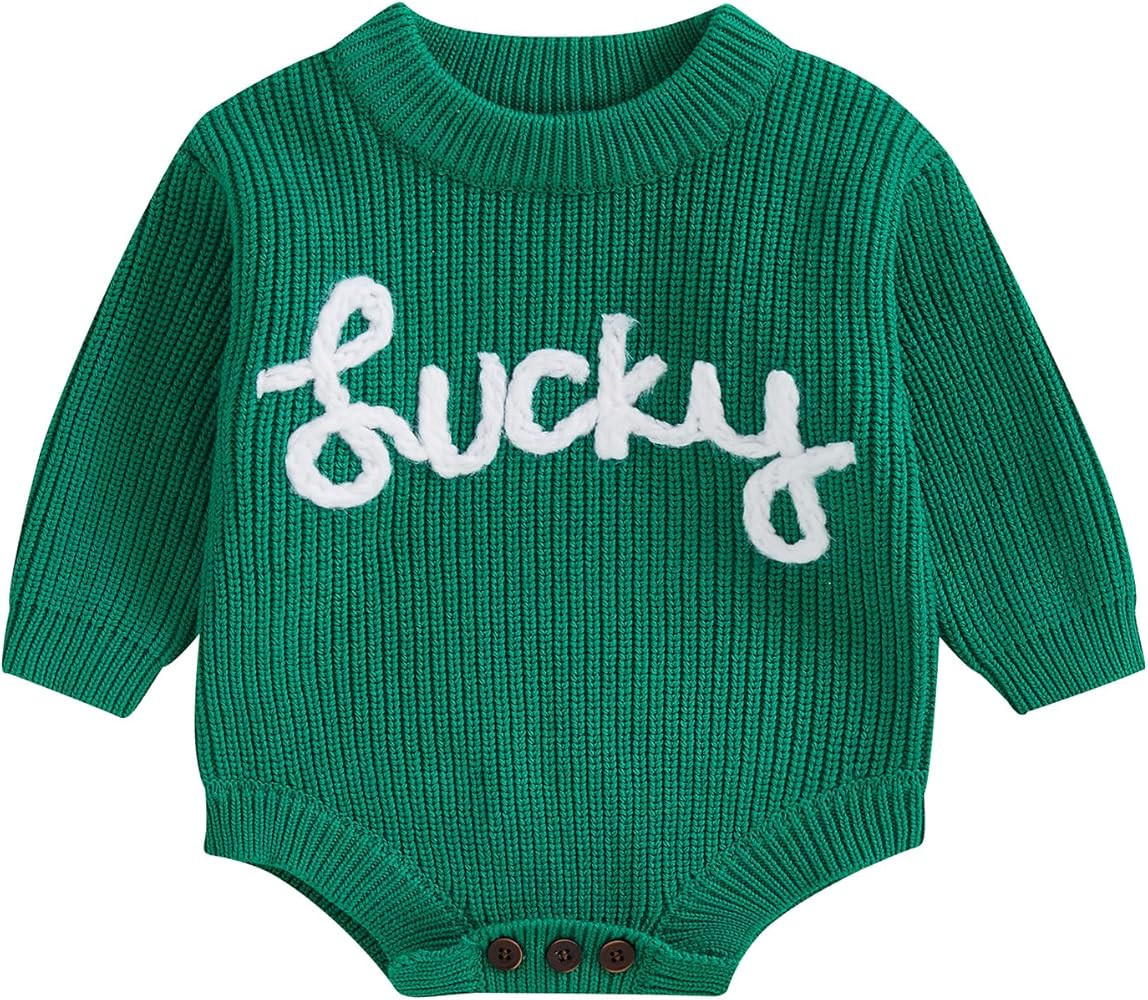 Newborn Baby Boy Girl St Patricks Day Outfit Embroidery Knit Sweater Bubble Romper Oversized Long... | Amazon (US)