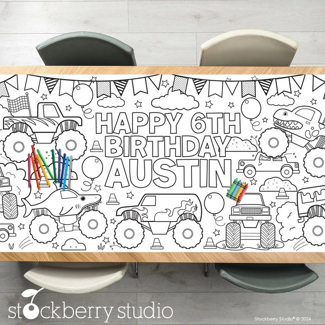 Monster Truck Birthday Party Coloring Tablecloth Decorations Children's Party Games Activity Post... | Etsy (US)