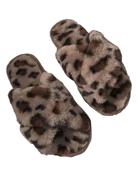 'Jennifer' Leopard Print Criss Cross Faux Fur Slippers (4 Colors) | Goodnight Macaroon