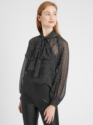 Petite Velvet Dot Tie-Neck Blouse | Banana Republic (US)