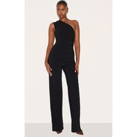 Black Stretch Woven One Shoulder Ruched Flared Jumpsuit | PrettyLittleThing US