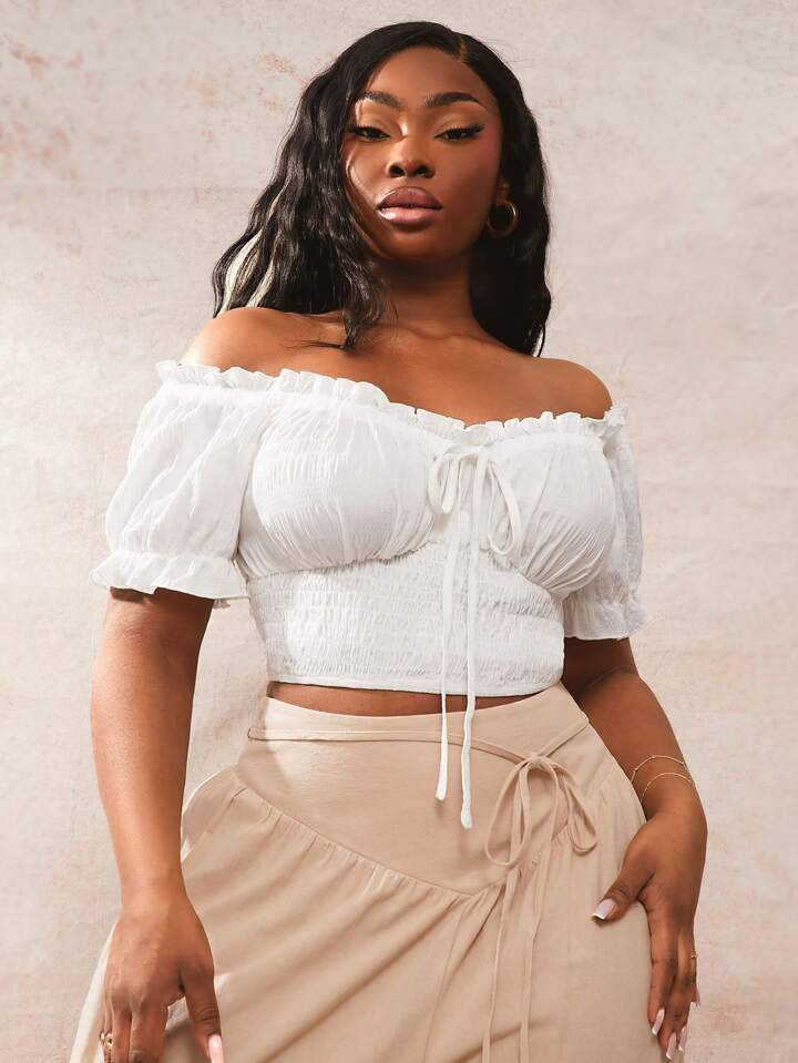 SHEIN SXY Plus Size Women's Bohemian Solid Color Ruffle Off Shoulder Short Sleeve Blouse For Summer | SHEIN