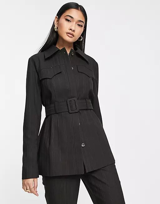 Topshop shacket and trouser co-ord in chocolate pinstripe | ASOS (Global)