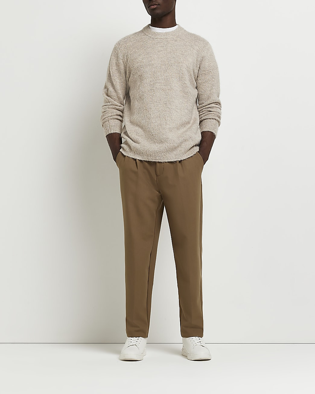 Beige Tapered fit Twill Trousers | River Island (US)