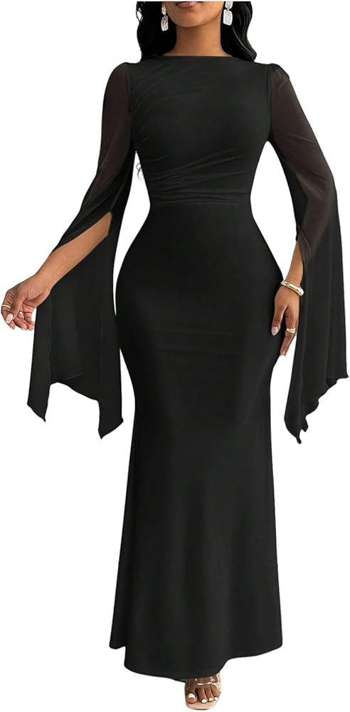 OYOANGLE Women's Slit Mesh Bell Sleeve Fishtail Long Dress Ruched Cocktail Bodycon Dresses | Amazon (US)