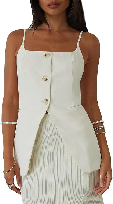Yousify Womens Spaghetti Strap Tank Top Summer Blazer Vest Button Down Business Cami Square Neck ... | Amazon (US)