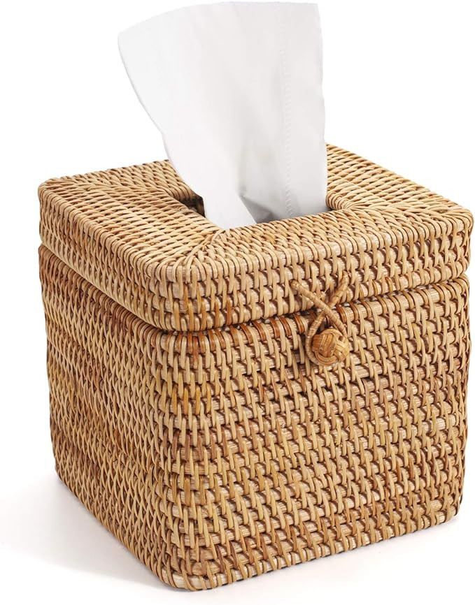 Rattan Square Tissue Box Cover, 5.7" x 5.7" x 5", Decorative Woven Facial Tissue Holder with Hing... | Amazon (US)