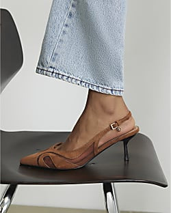 Brown Mesh Splice Slingback Court Heels | River Island UK & IE