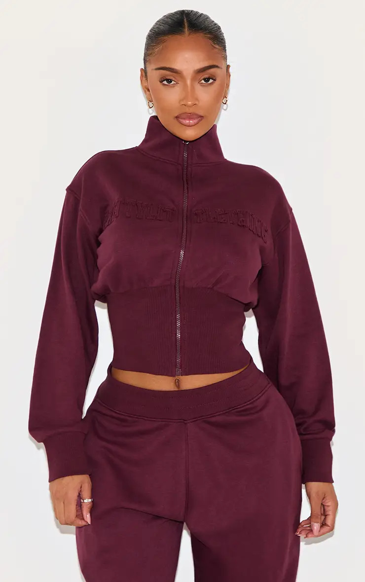 Wine Fitted Zip Up Sweatshirt | PrettyLittleThing USA | PrettyLittleThing US