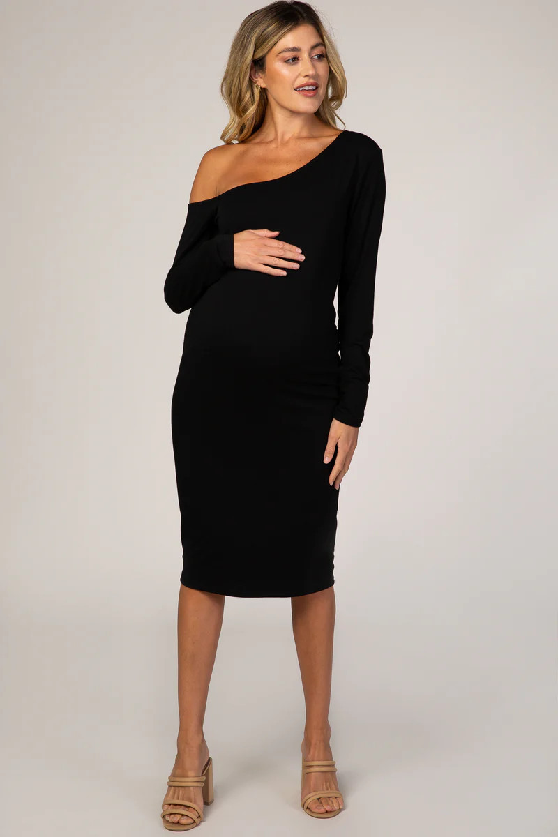 PinkBlush Black One Shoulder Fitted Midi Maternity Dress | PinkBlush Maternity