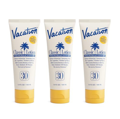 Vacation Classic Sunscreen Lotion SPF 30, Water-Resistant, Lightweight, Transparent on All Skin Tones, Dermatologist-Tested, Vegan, Travel Size, 3.4 Fl. Oz. (Value Pack of 3) | Amazon (US)