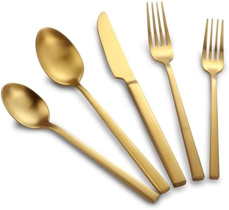 Stainless Steel Flatware Set Hand Forged 18/10 Silverware Set Cutlery Set Gold Cuboid Handle Matt... | Amazon (US)