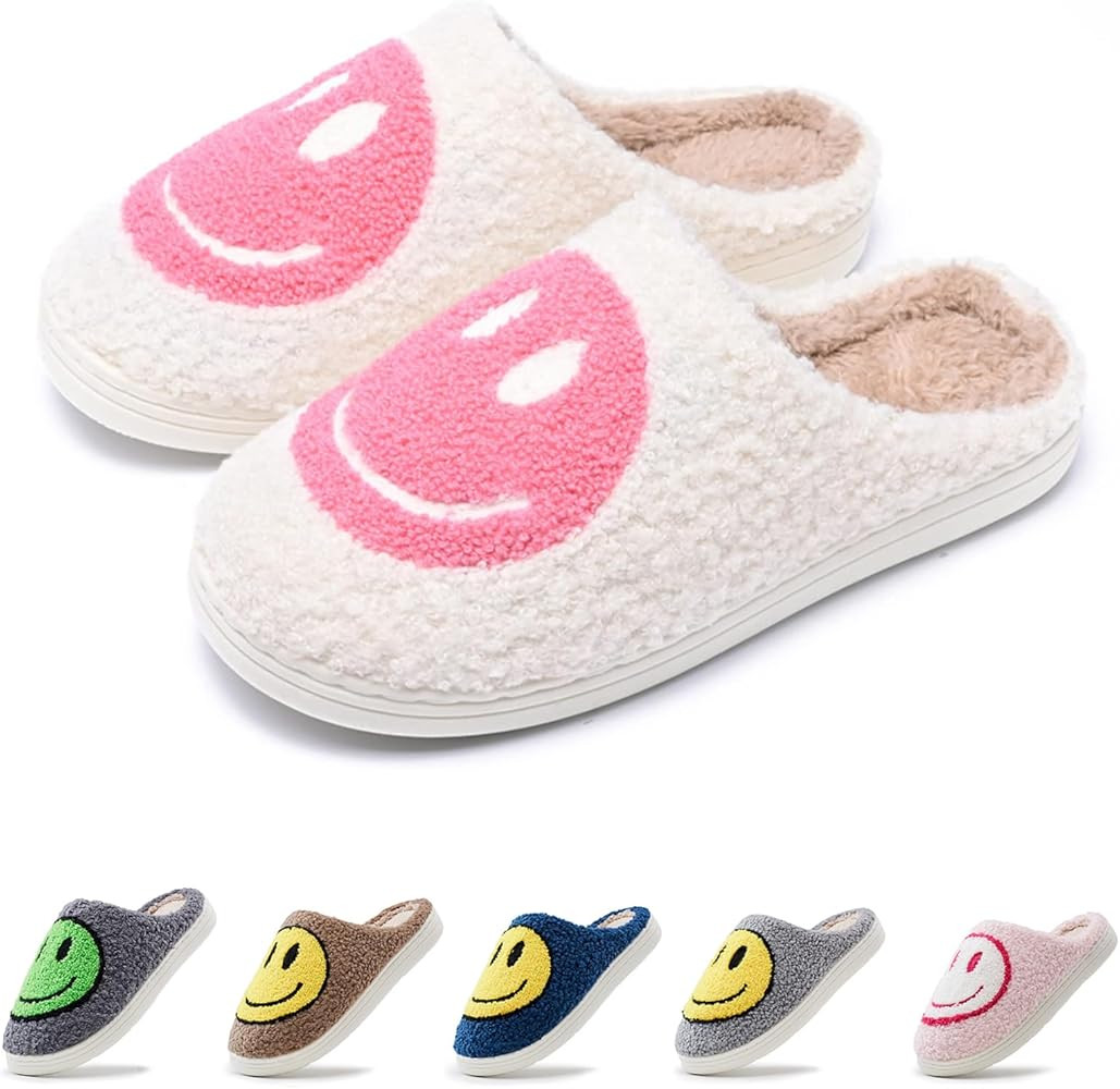rosyclo Women and Men Cute Smile Face Slippers，Retro Happy Face Slippers Warm Soft Plush Slip-o... | Amazon (US)