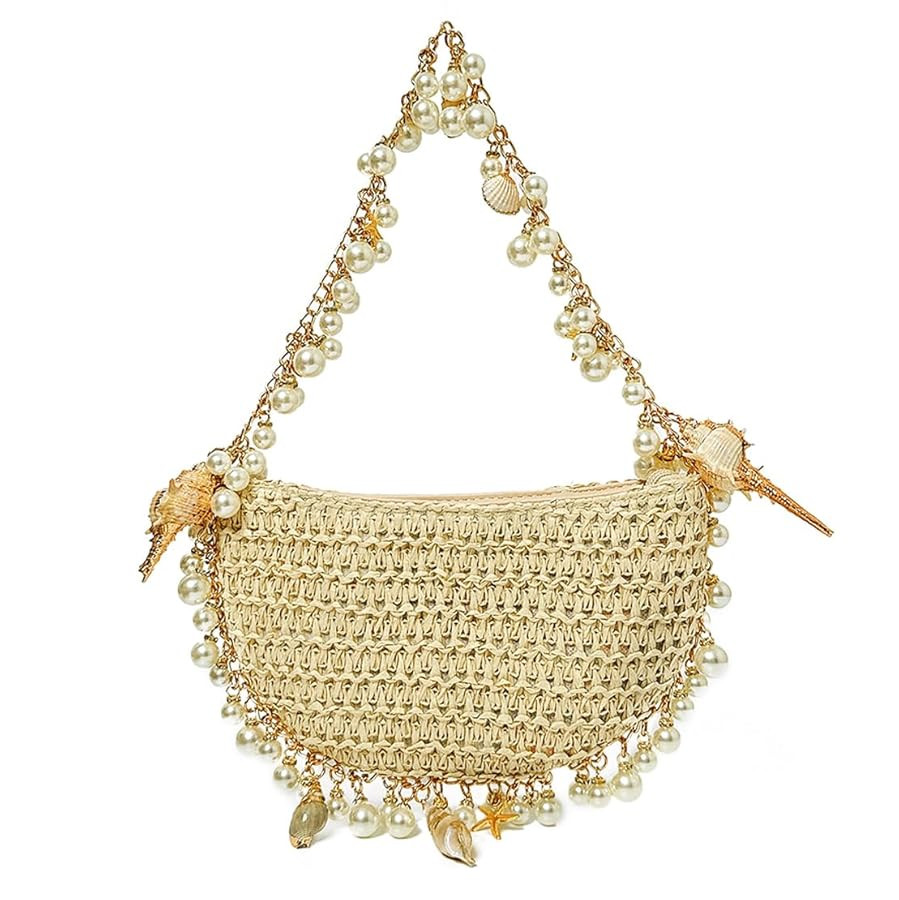 Pearl Straw Clutch Purse for Women Summer Vacation Purses Beach Evening Bag Beaded Shell Handbag | Amazon (US)