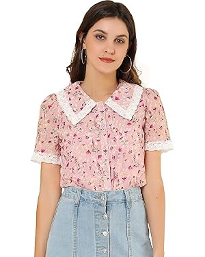 Allegra K Women's Peter Pan Collar Shirt Lace Trim Floral Embroidered 1940s Peasant Blouse | Amazon (US)