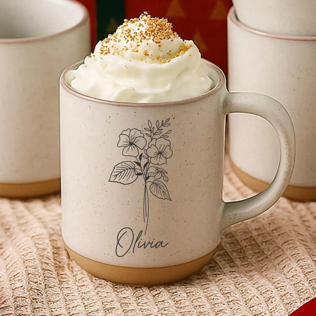 Personalized Birth Flower Coffee Mug: Engraved Floral Design, Speckled Rustic Finish | Etsy (Global)