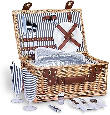 SatisInside New USA Insulated Deluxe 16Pcs Kit Wicker Picnic Basket Set Hamper for 2 People - Rei... | Amazon (US)