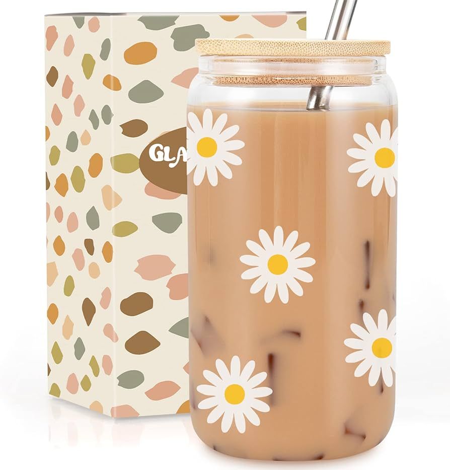 GSPY Iced Coffee Cup, Aesthetic Daisy Cups - 16oz Cute Glass Cups with Lids and Straws - Glass Co... | Amazon (US)