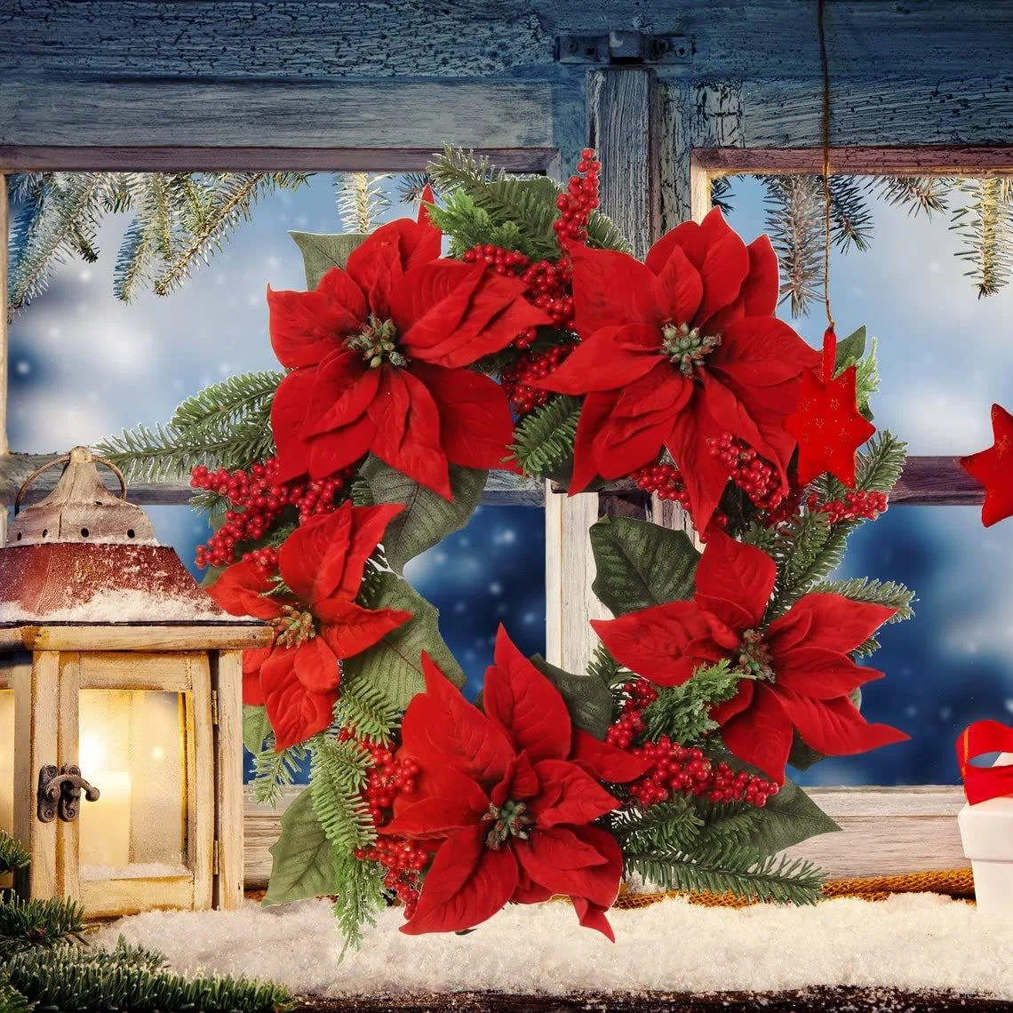 The Holiday Aisle® 22" Tall Artificial Christmas Wreath W Poinsettias, Berries Pine And Foliage ... | Wayfair North America