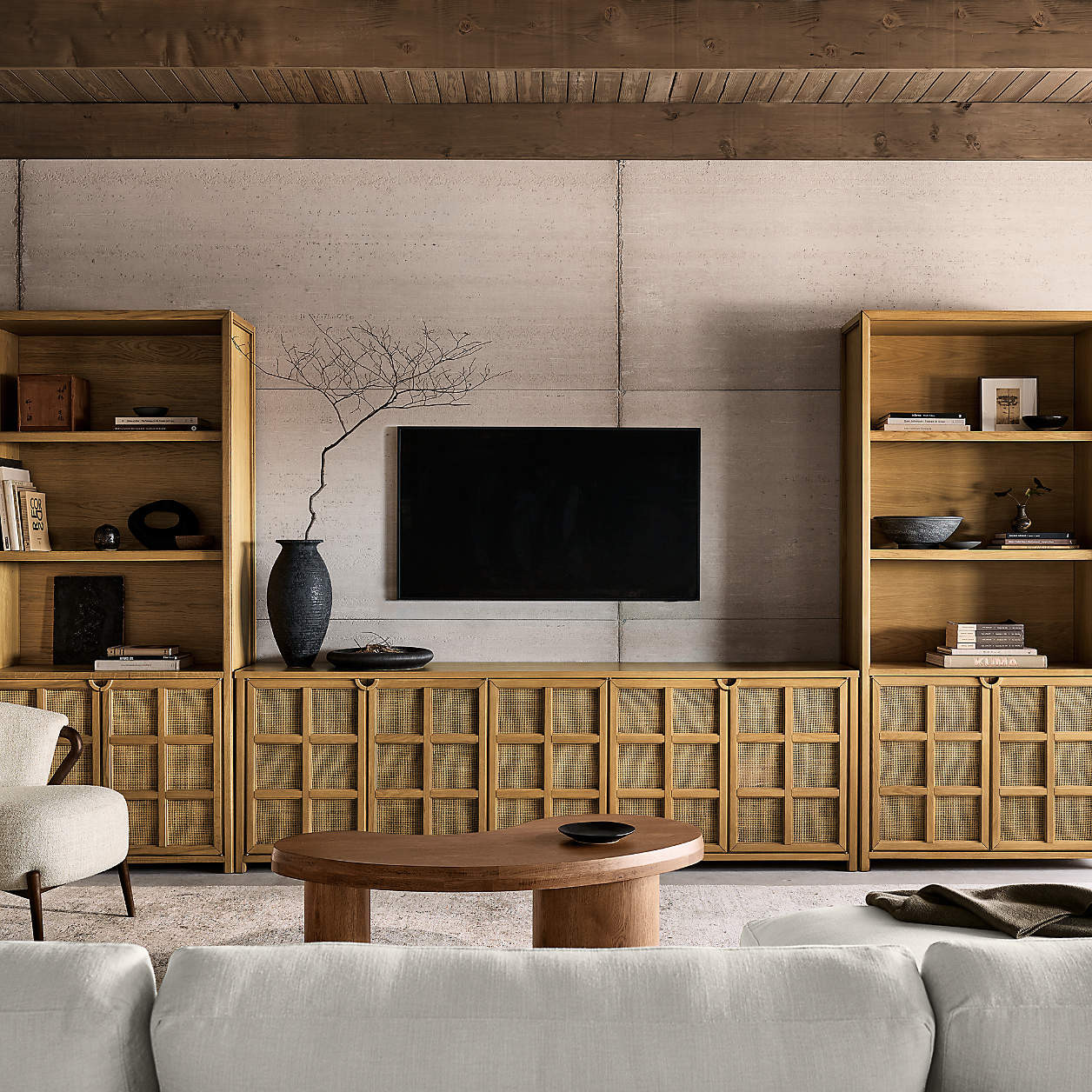 Campagna 154" Rattan and Natural Oak Wood Storage Media Console Set + Reviews | Crate & Barrel | Crate & Barrel