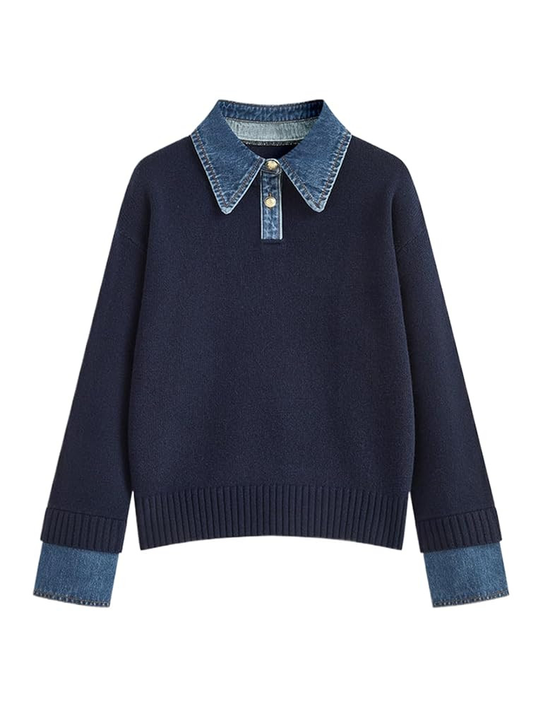 Womens Fall Oversized Long Sleeve Sweaters 2 in 1 Denim Panel Lapel Sweater Polo Knit Sweater Top... | Amazon (US)