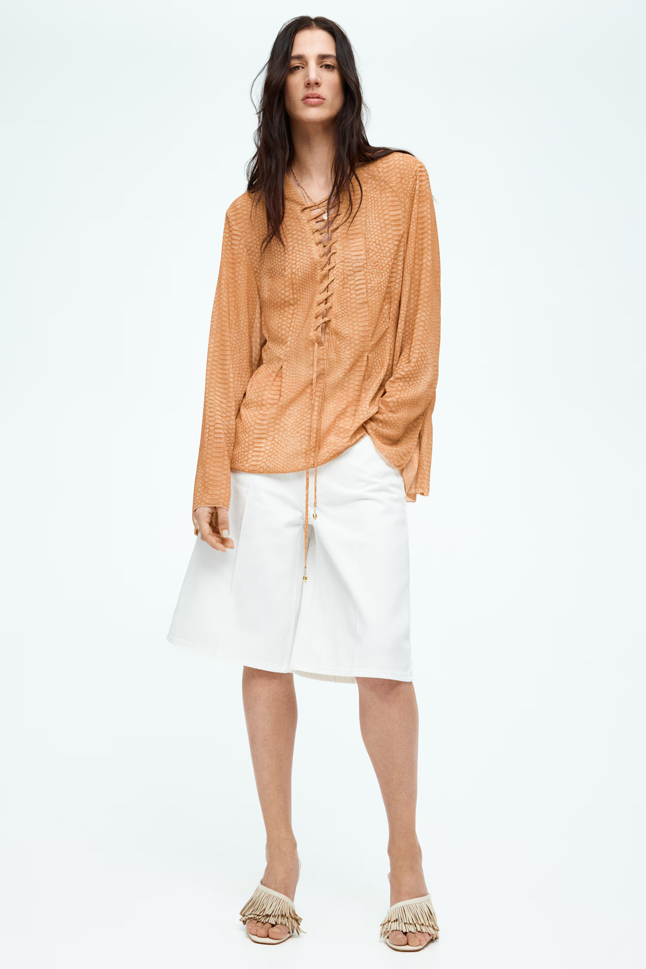 Lacing-Detail Chiffon Blouse - Beige/snakeskin-patterned - Ladies | H&M US | H&M (US + CA)