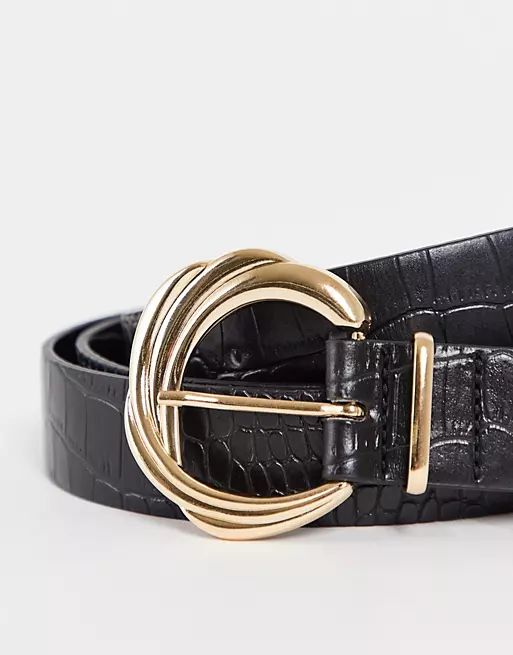 ASOS DESIGN Curve gold buckle belt in black croc | ASOS (Global)