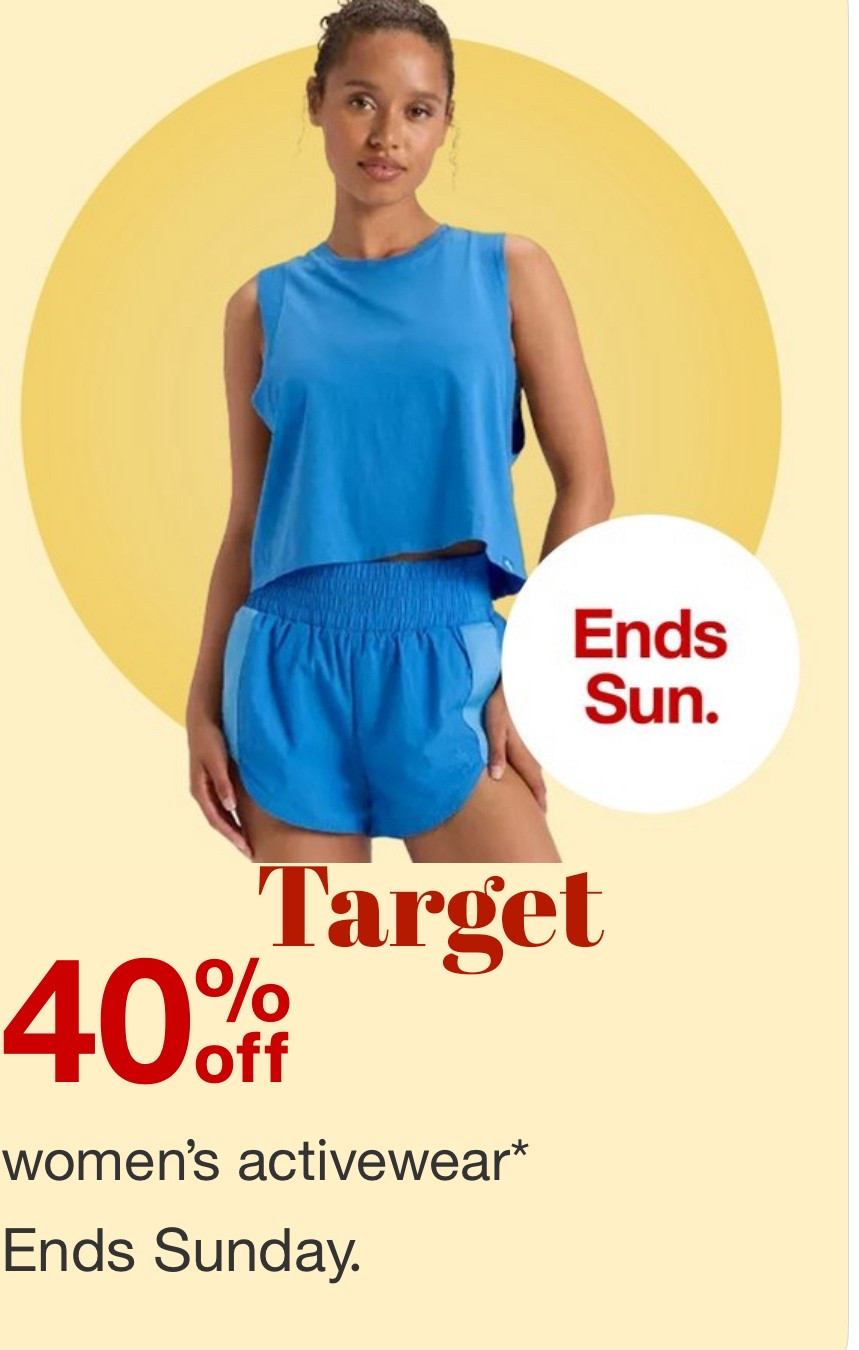Target women’s activewear sale. 40% off
Shorts, tank tops, sleeveless shirts, workout wear all included in the sale. 

#targetfashion #workoutclothes #founditattarget #athleisurewear

Shorts, workout clothes, workout tops, workout bottoms 

#LTKFindsUnder50 #LTKSaleAlert #LTKActive