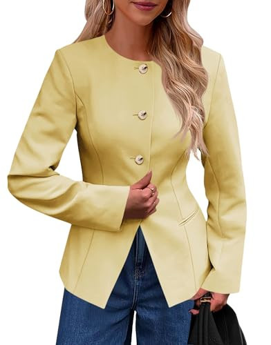 Cicy Bell Womens Business Casual Fitted Blazers Collarless Split Hem Work Office Button Down Suit Jackets Yellow | Amazon (US)
