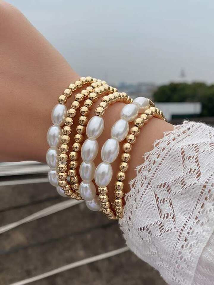 6pcs Fashionable Simple Faux Pearl Beaded Bracelet Set For Women's Everyday Accessories | SHEIN