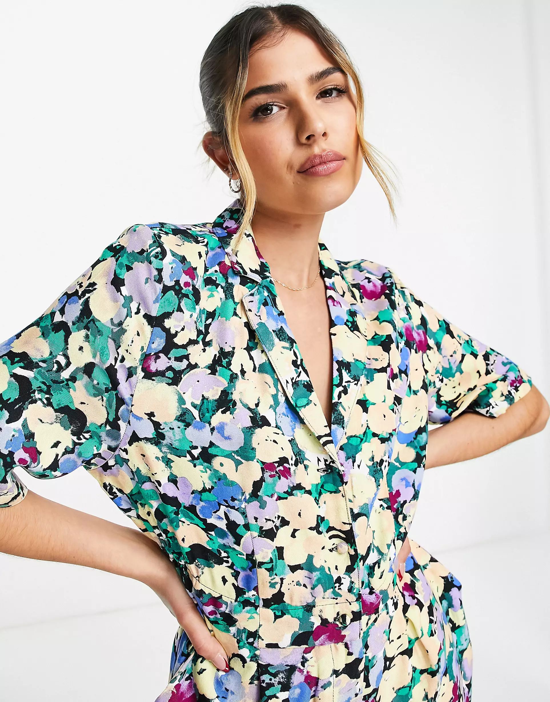 Pieces shirt romper in bright floral | ASOS (Global)