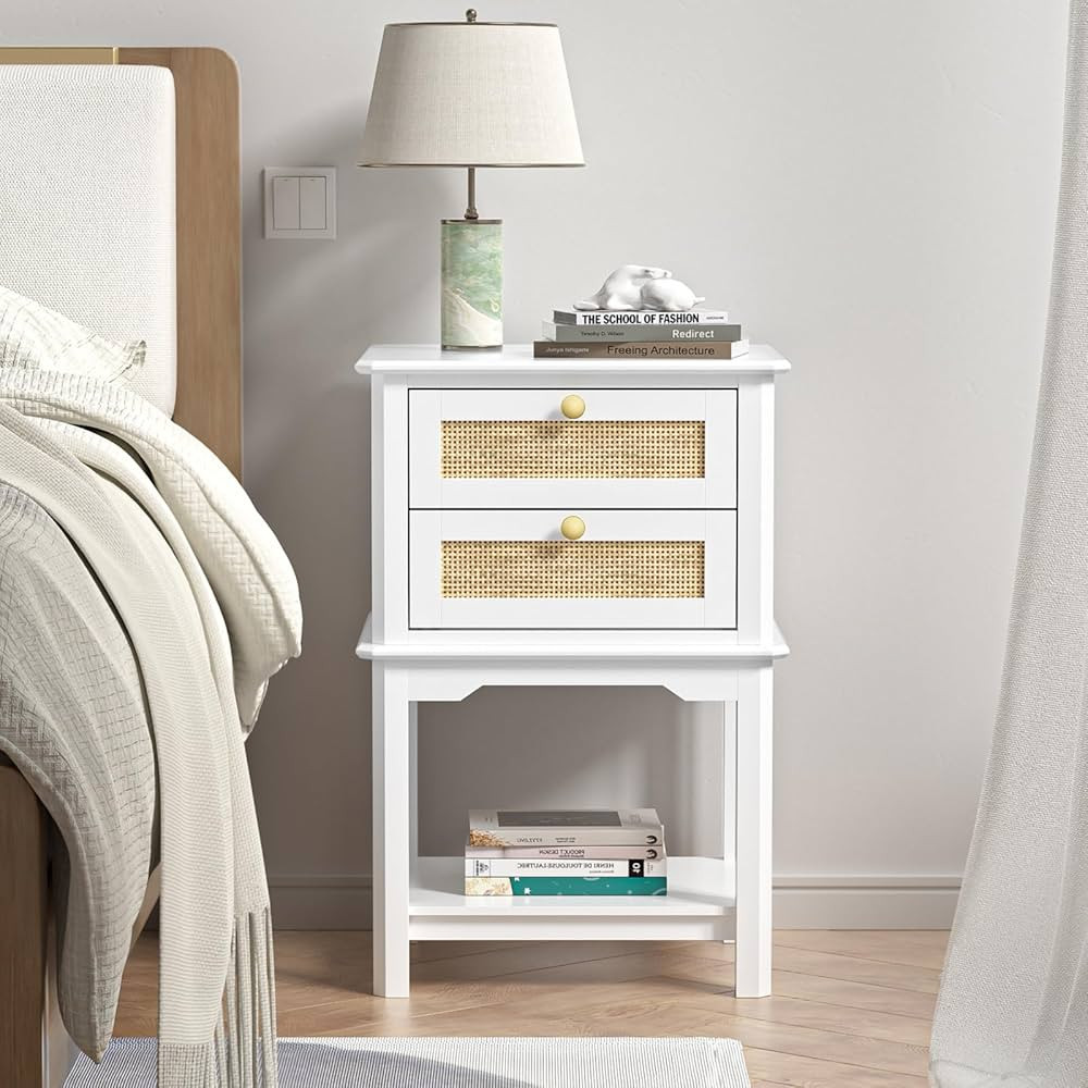 Giluta White Night Stand, 27.95'' H Wood Bedside Table with 2 Drawers, Natural Rattan Nightstand,... | Amazon (US)