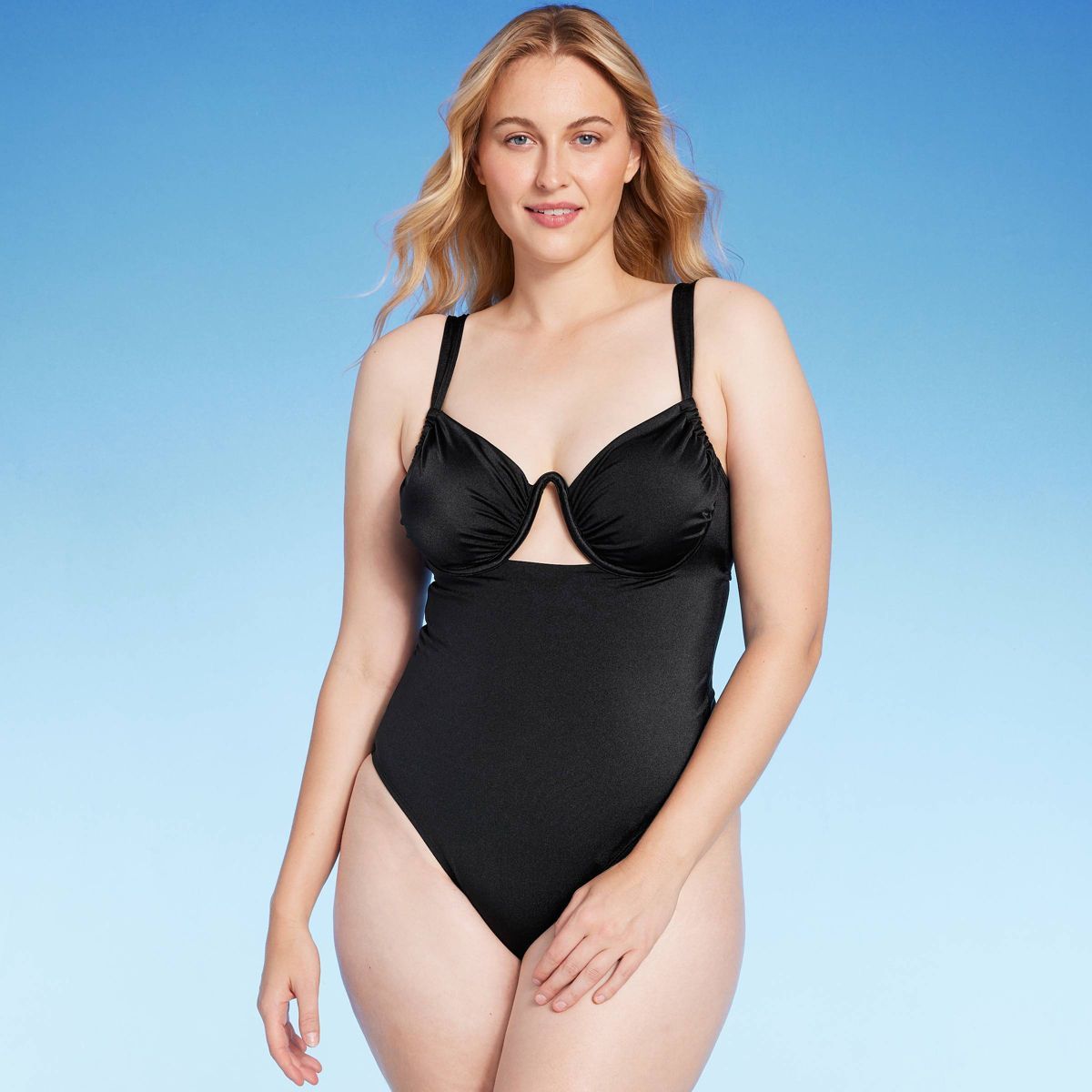 Women's Shirred Cup Underwire High Leg One Piece Swimsuit - Shade & Shore™ Black Shine 38DD | Target