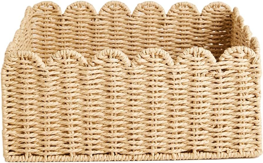 Scalloped Basket, 14.2x10.6x5.9" Wicker Storage Basket Wicker Basket, Recycled Paper Rope Woven S... | Amazon (US)
