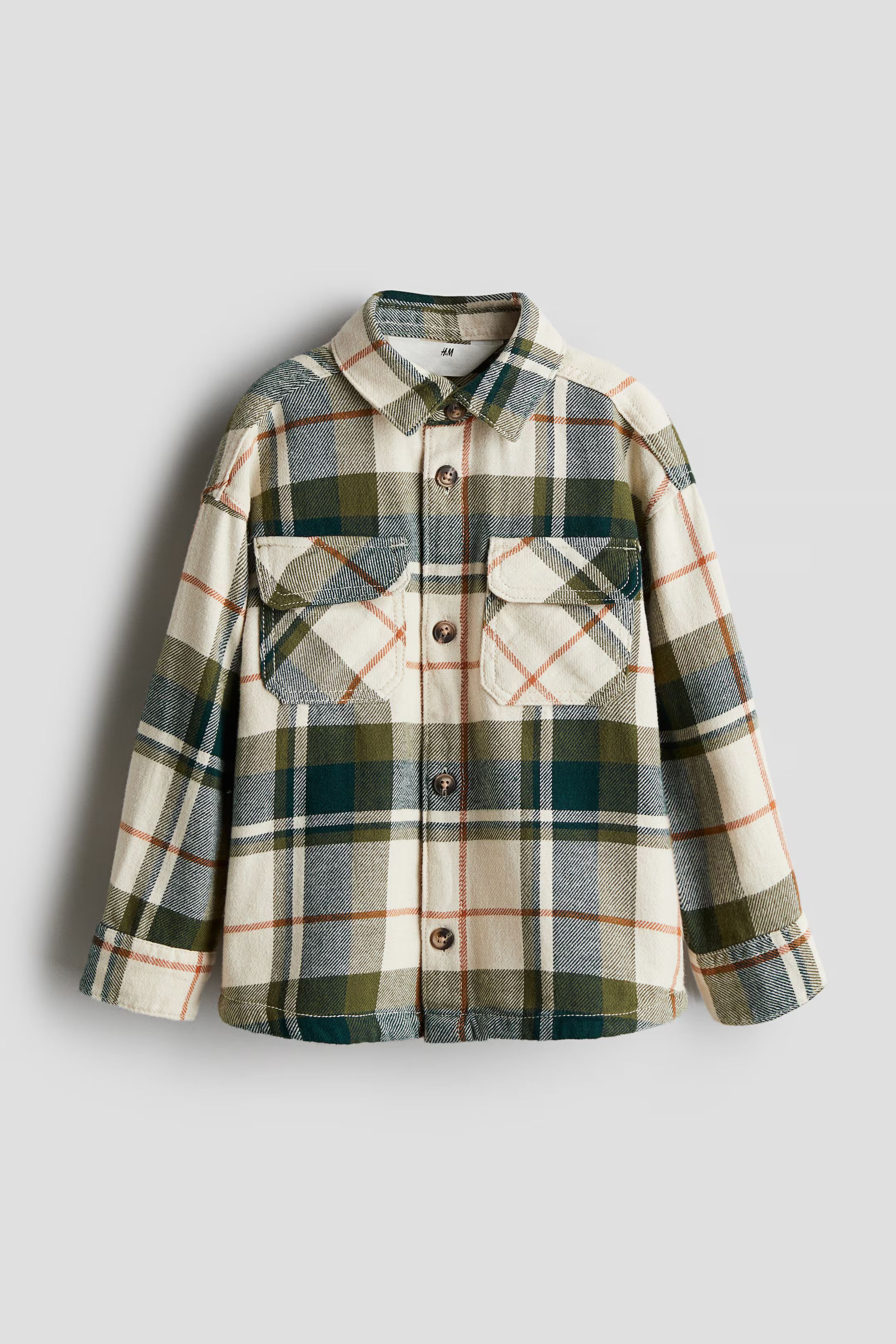 Oversized Shirt - Long sleeve - Regular length - Dark khaki green/plaid - Kids | H&M US | H&M (US + CA)